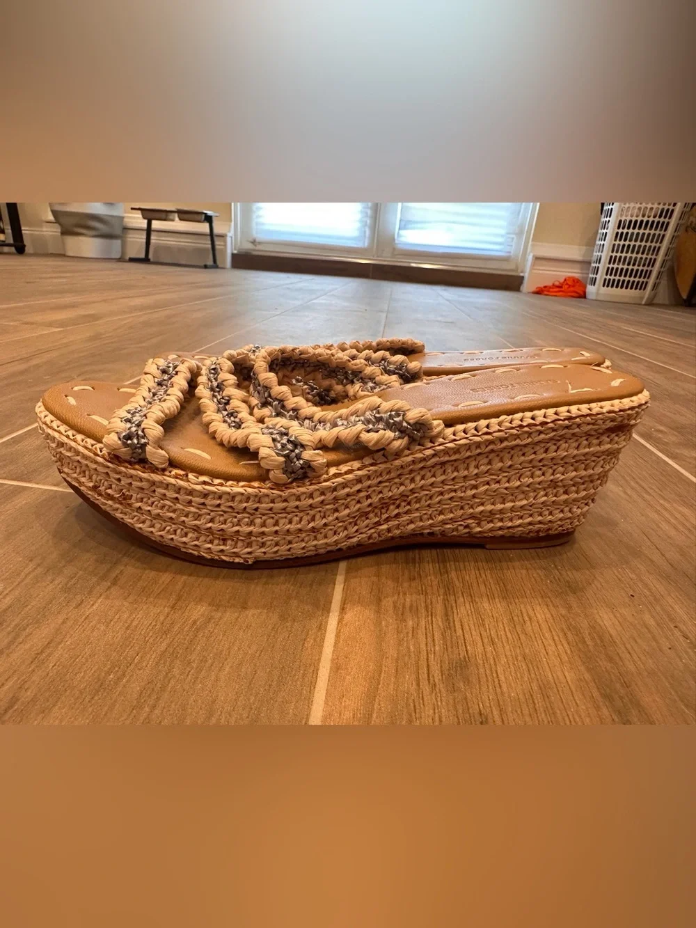 Carrie Forbes Raffia Woven Platform Wedge Sandals Cream Silver EU 37